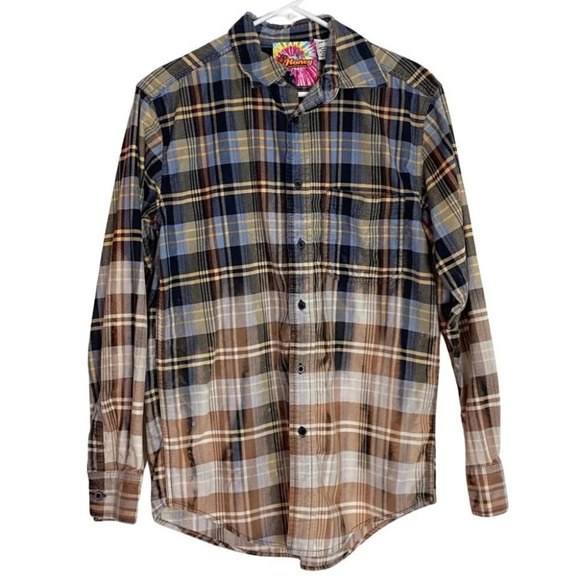 Upcycled Corduroy Shirt Mens Size Small Ombré Custom Bleached Plaid Button Down - Picture 1 of 11
